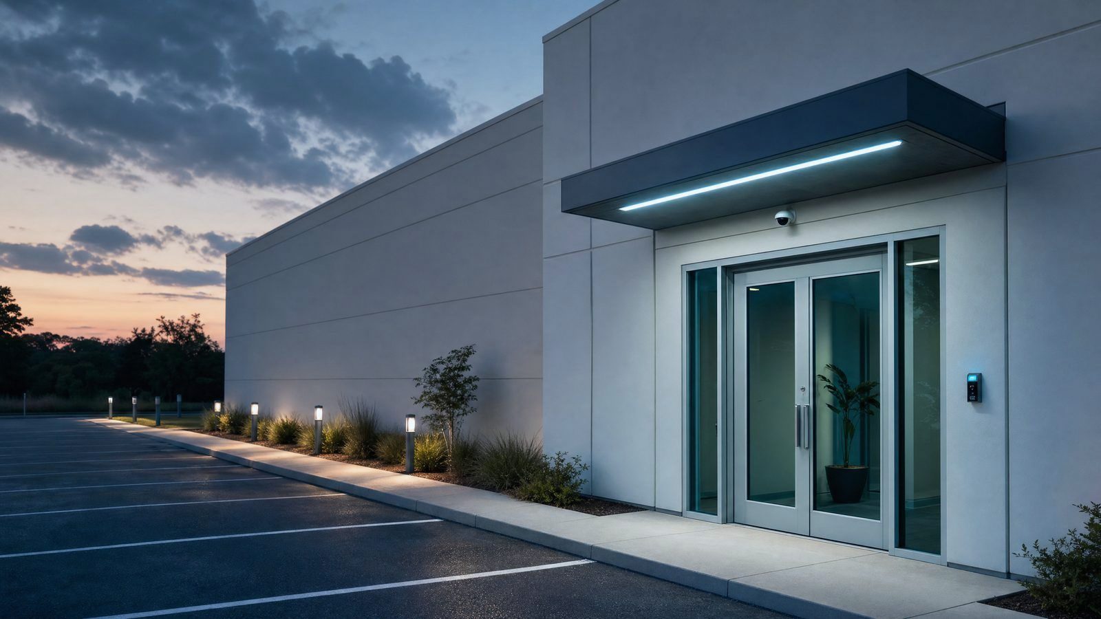 Small commercial building entrance with a security camera over the door and a card reader beside it