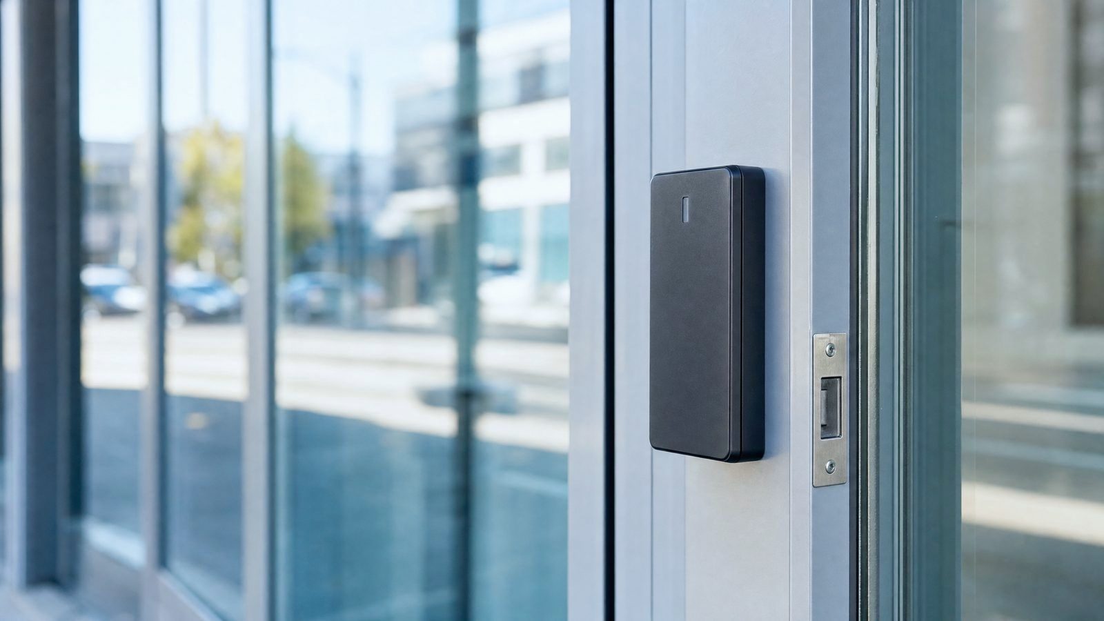 Card reader on the frame of a commercial glass storefront door, part of an access control installation