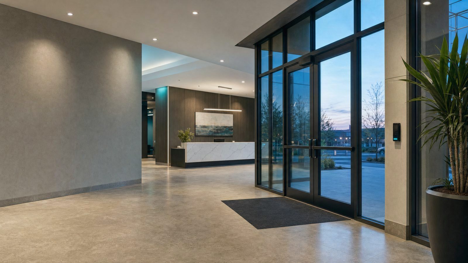 Office lobby entry doors with a card reader on the wall, a typical commercial access control system
