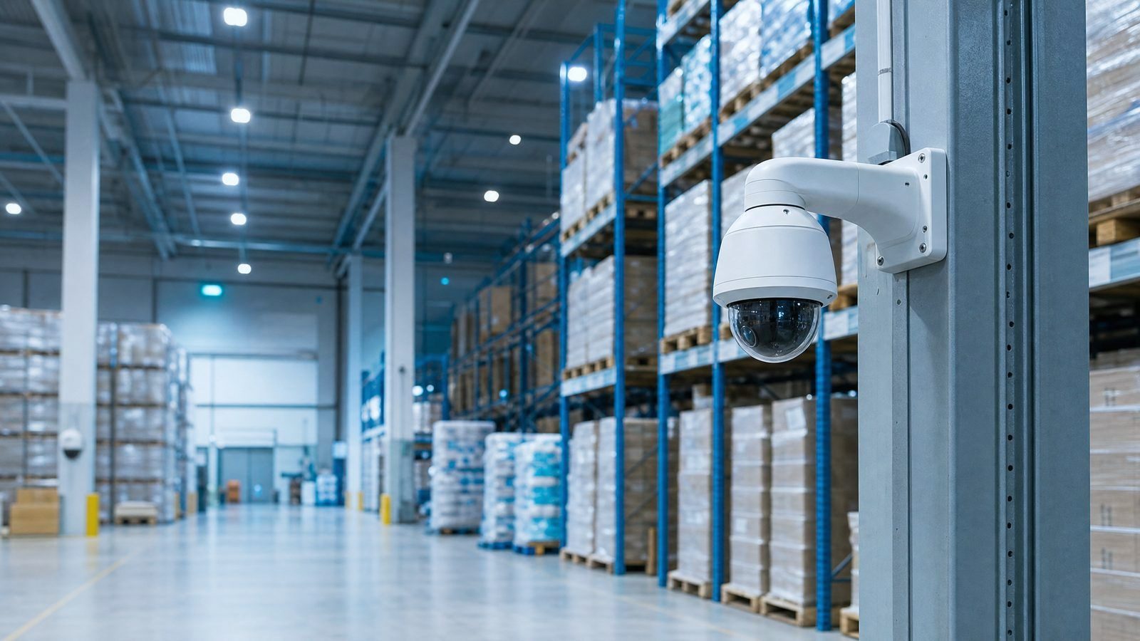 Dome security camera mounted on a column in a warehouse aisle, commercial camera installation