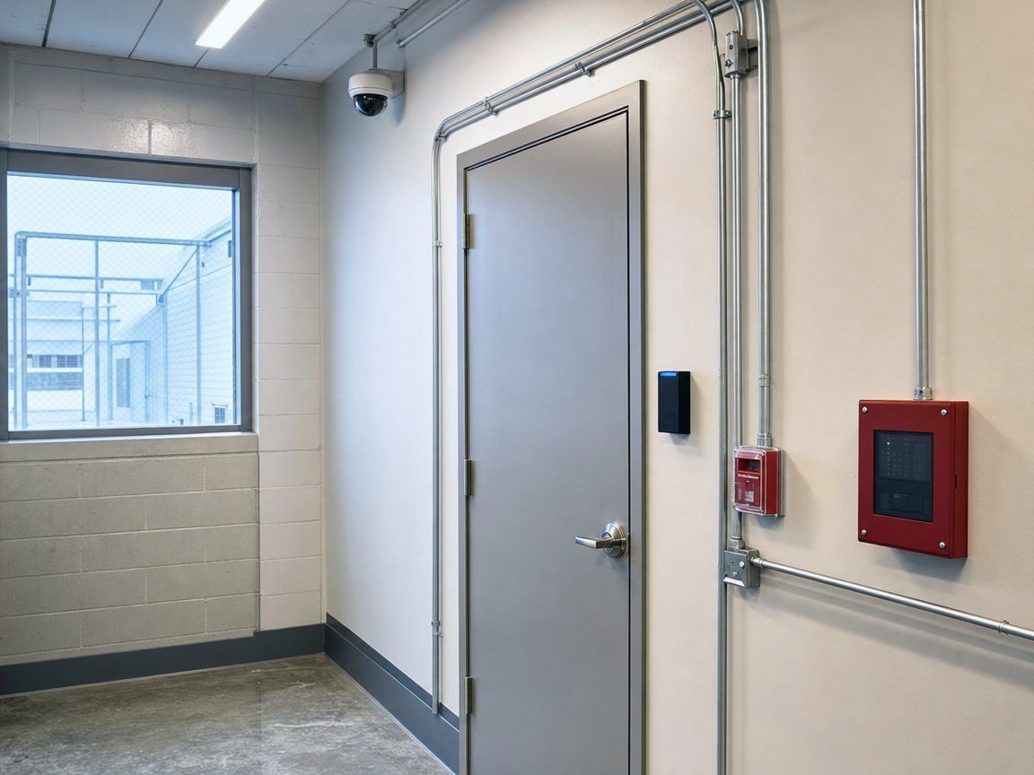 Card reader, dome camera and fire alarm panel on one corridor wall, the parts joined in an access control integration