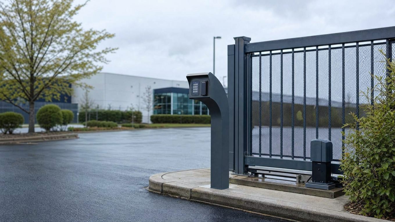 Gooseneck pedestal keypad and card reader at a sliding gate for a business parking lot