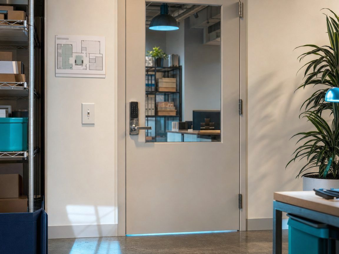 Keypad and lever lock on a small business office door used for keyless entry