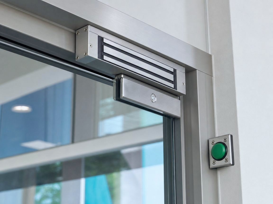 Electromagnetic lock under the header of a glass door with a push-to-exit button beside the frame