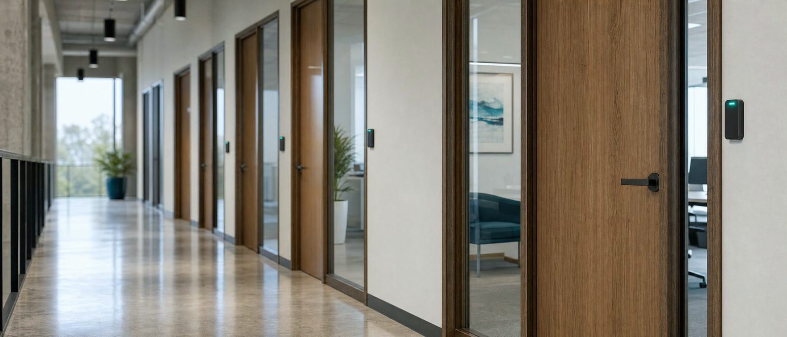 Office corridor with card readers beside each door, a building fitted with access control
