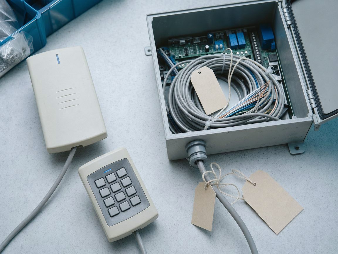 Old proximity card reader, keypad and controller box removed during an access control system replacement
