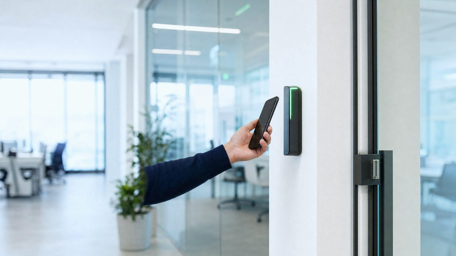 Phone held to a wall reader that unlocks an office door, how a cloud access control system opens doors