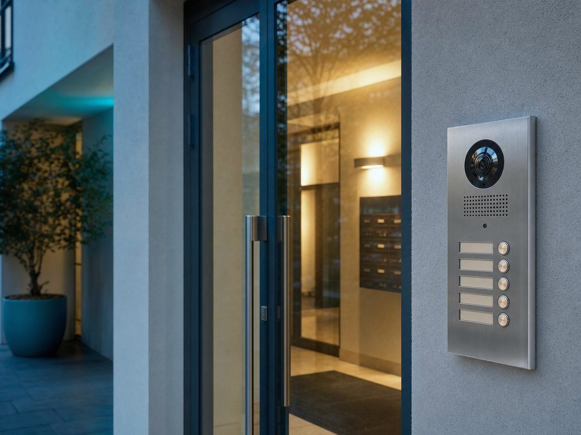 Video intercom panel beside the glass front door of an apartment building